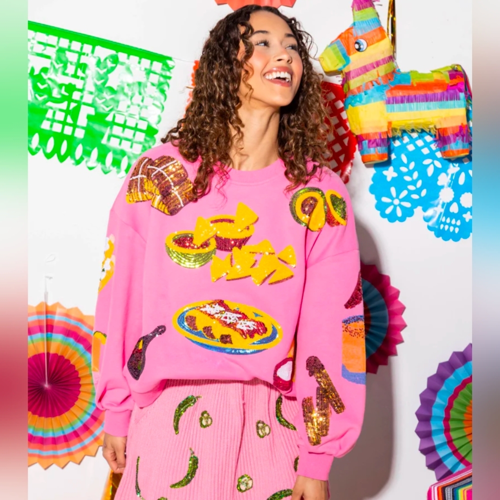 NWOT Queen of Sparkles Mexican Food Pink Sweater Sequins Medium
